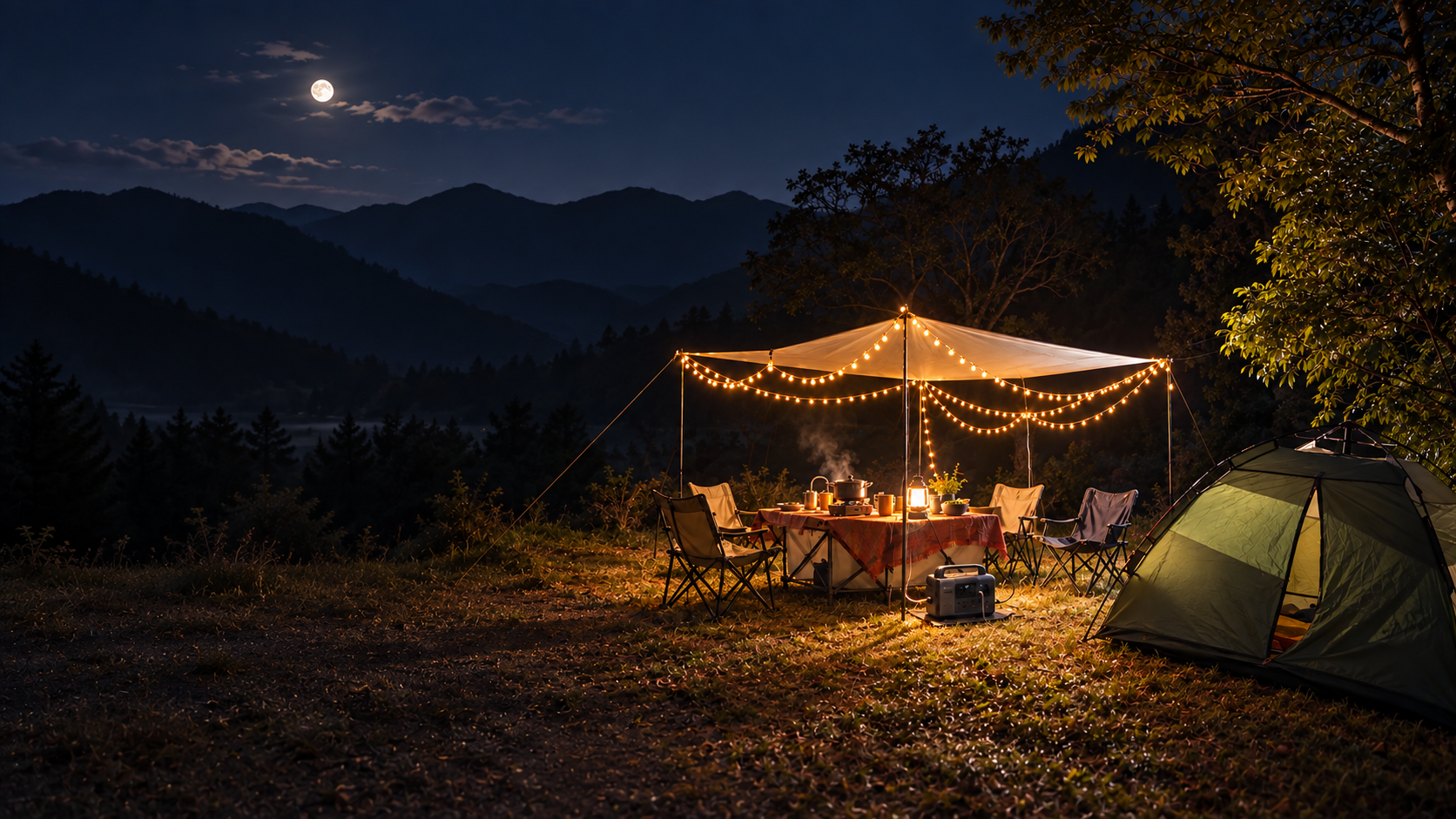 An unbranded portable power station and warm camp lights beneath a tarp at a mountain campsite at night